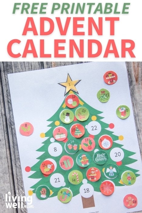 free printable Christmas tree advent calendar printable on wood background