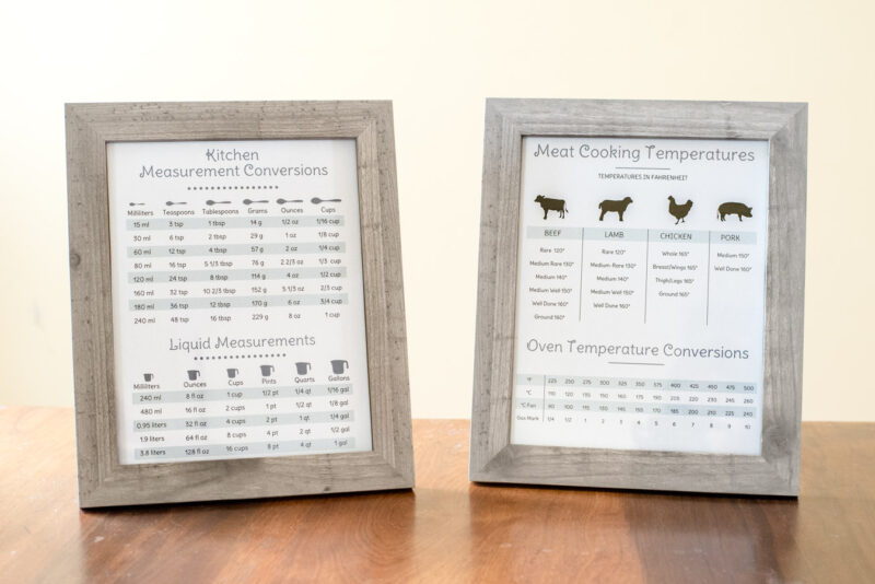 kitchen measurement pages in beautiful wood frames on wood table