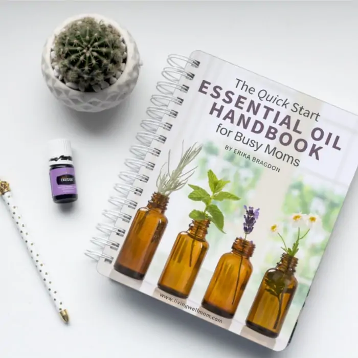 spiral essential oil handbook on white background with cactus and essential oil bottle