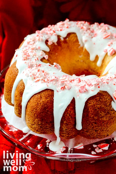 Christmas bundt cake with candy cane pieces on top