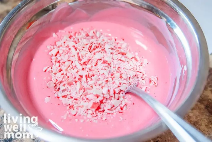 Peppermint cake batter with crushed candy canes