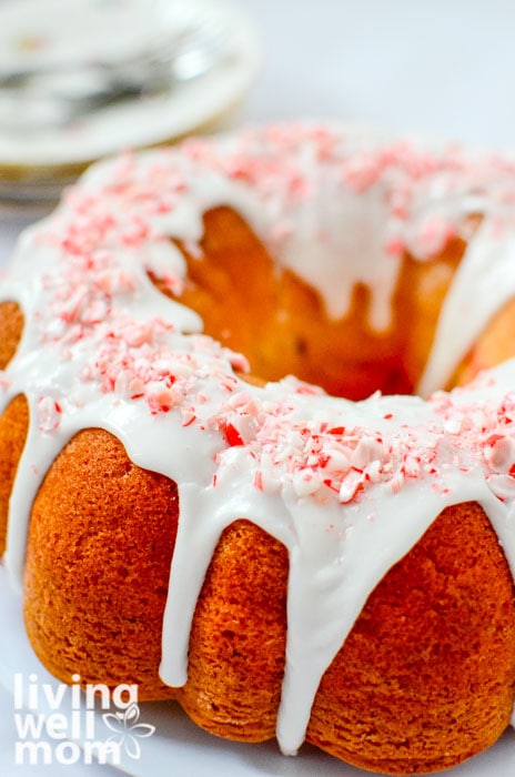 Candy cane bundt cake with crushed candy canes on top