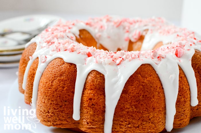 Peppermint Christmas bundt cake with crushed peppermints on top