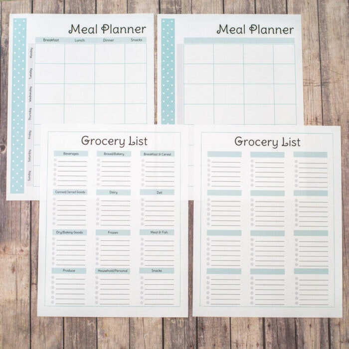 printable meal planner and grocery list pages shown on wood background
