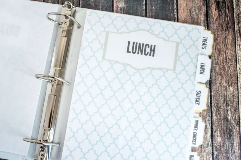 beautiful recipe binder lunch page on wood background