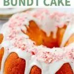 peppermint candy cane bundt cake with sprinkled candy on plate