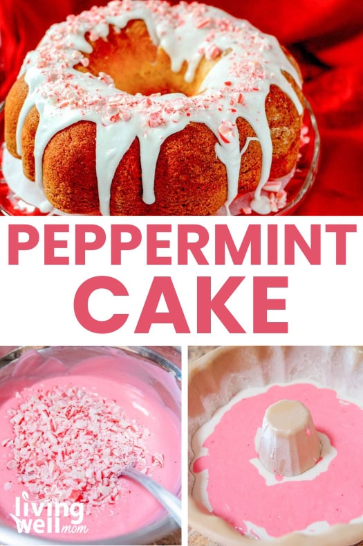 Peppermint Christmas bundt cake with crushed peppermint topping.