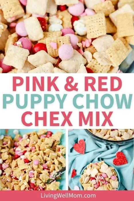 pink and red puppy chow chex mix pin