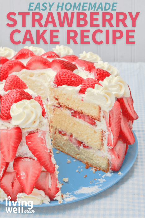 Strawberry layer cake with slice cut out
