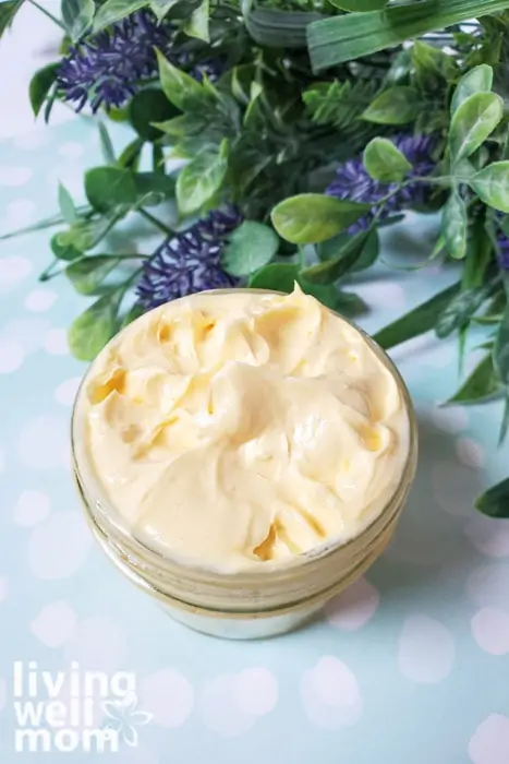 DIY lavender creams for sleep in a small glass jar. 