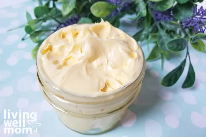Homemade night cream for sleep with lavender essential oil in a glass container.  