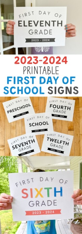 collection of photos showing printed pages first day of school signs for 2023-2024