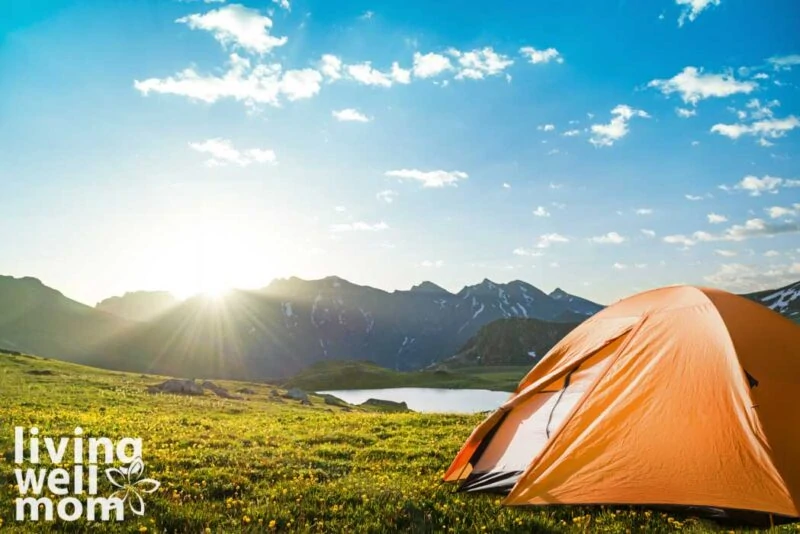 orange tent next to a lake with blue sunny skies above