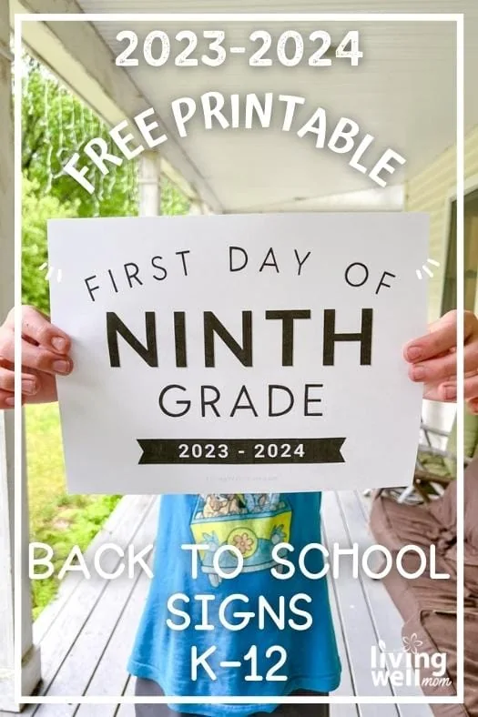 boy holding piece of paper that says first day of ninth grade 2023-2024 on front porch