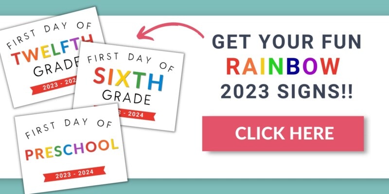 colorful rainbow writing on white signs - first day of school for preschool through 12th grade 2023 offer