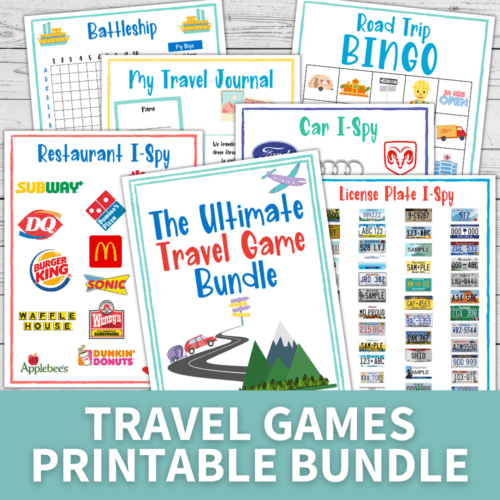 layout of printable travel games bundle for kids