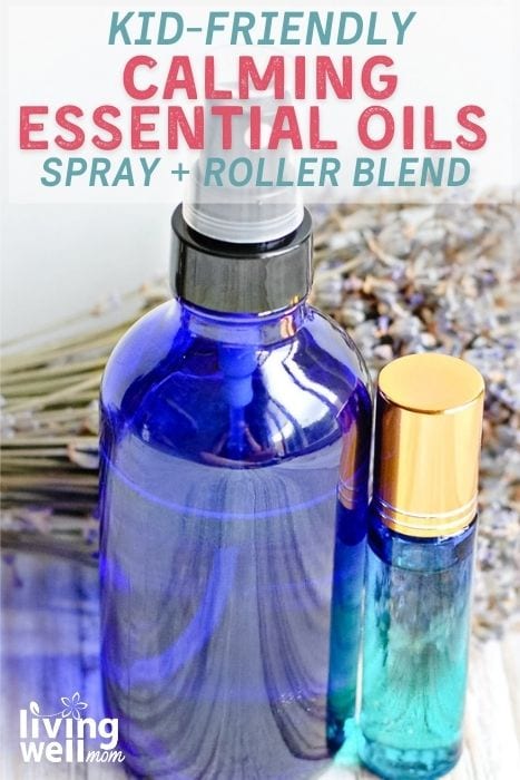 Spray bottle next to roll on bottle filled with calming oils for kids