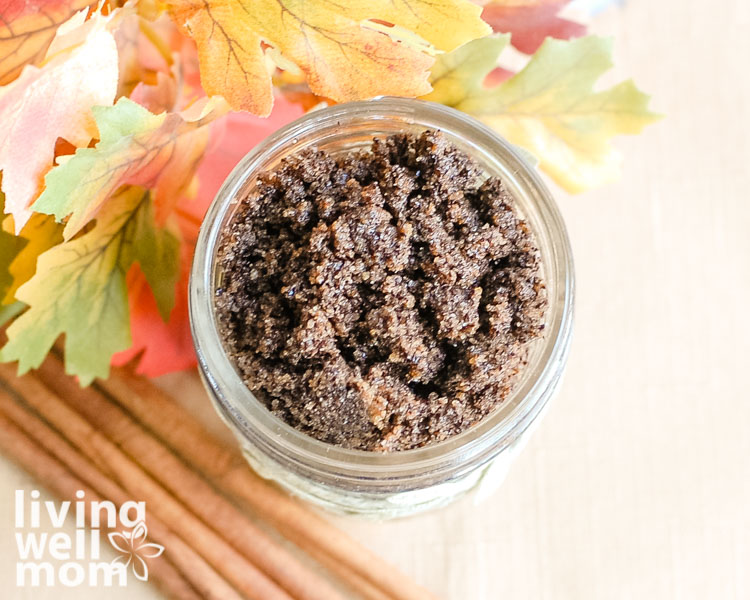 container of homemade sugar scrub using coffee grounds