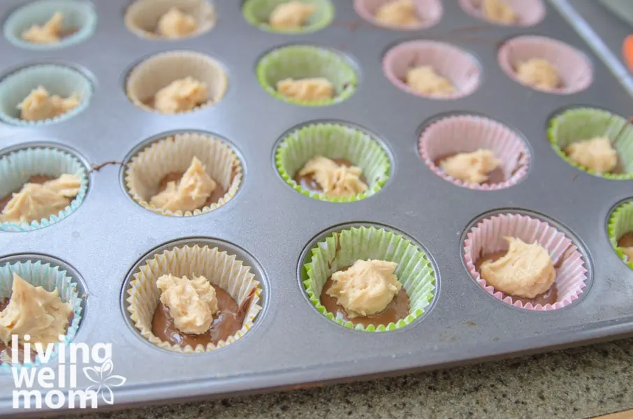 gobs of peanut butter mixture on top of melted semi sweet and milk chocolate chips