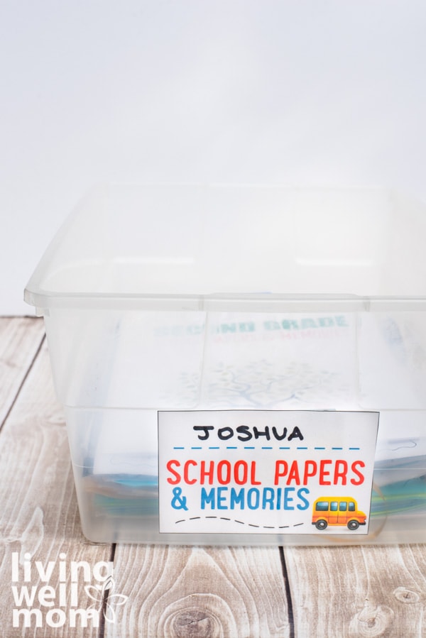 school keepsakes in a clear bin with a label on it