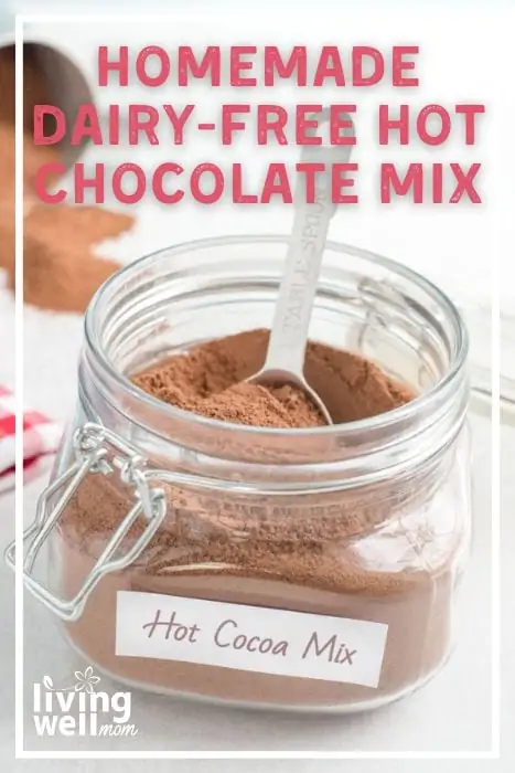 dairy free hot chocolate mix in a jar next to a  mug