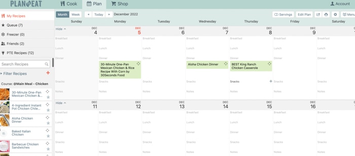 Calendar view in plan to eat review