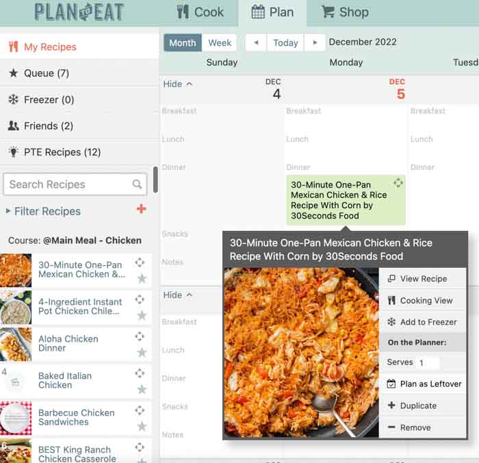 Leftovers function in plan to eat tool