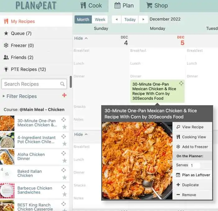 Leftovers function in plan to eat tool