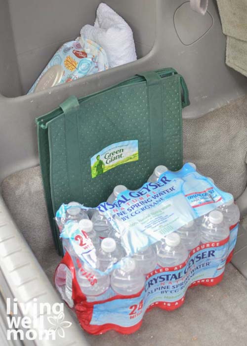 water bottles stored in trunk space
