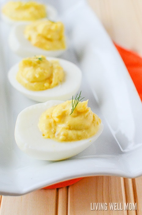 hard boiled egg halves with miracle whip and mustard filling