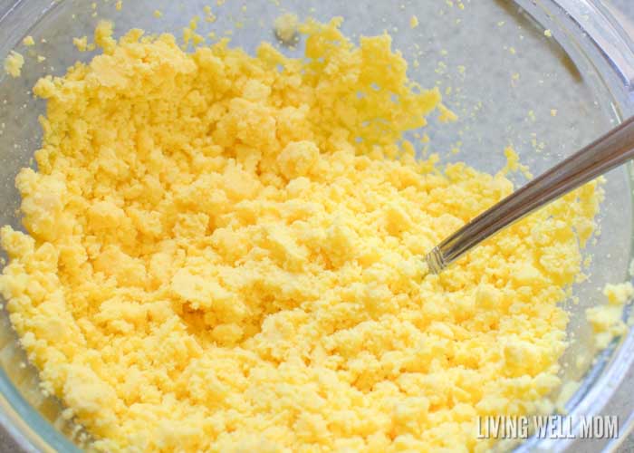 yolks mashed into smooth crumbs for filling 