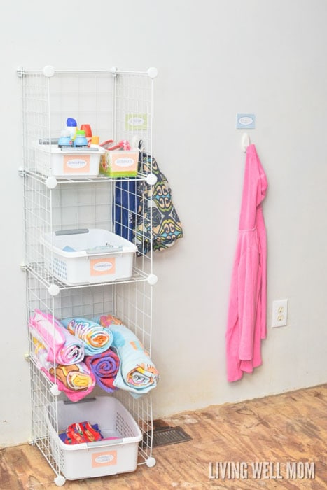 beach gear organized on wire storage unit