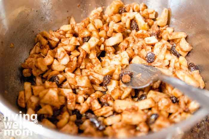 apple chunks, raisins, and spices in a mixing bowl