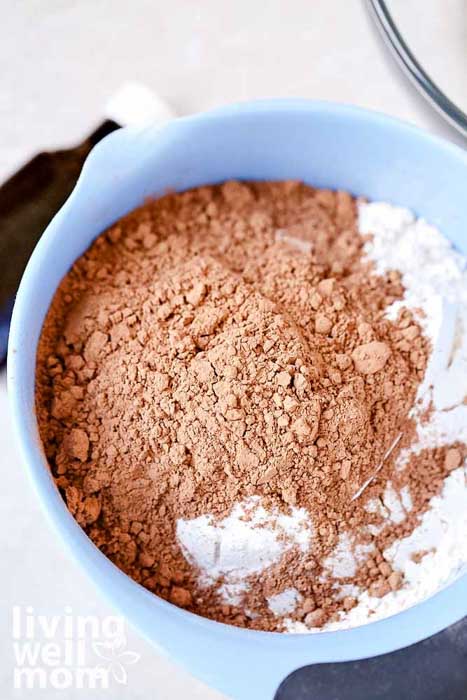 cocoa powder and baking ingredients in bowl