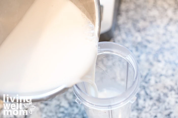 pouring dairy free milk into small blender