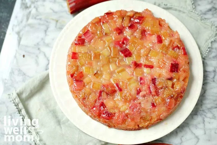 rhubarb upside down cake inverted in a plate