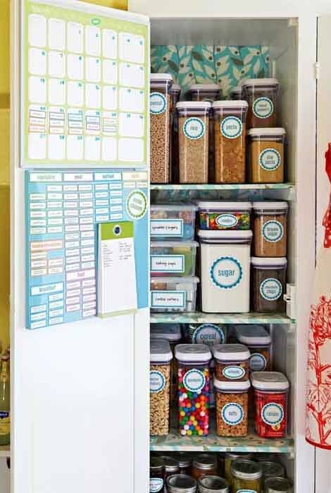 organized food cabinet with printable round labels on each container