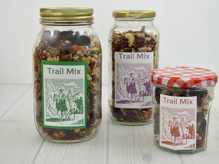 trail mix label design on various jars