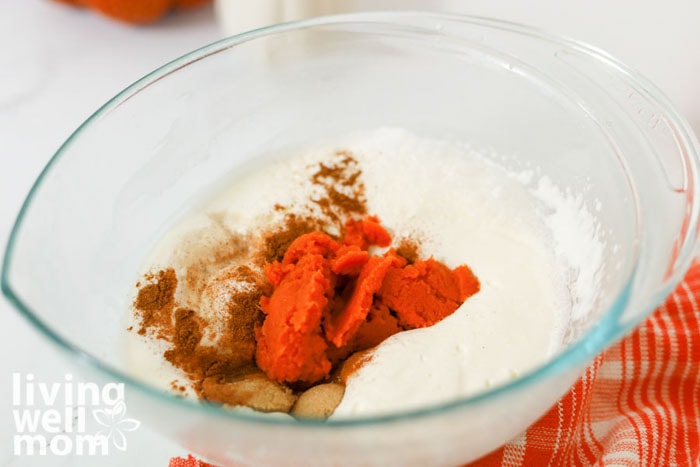 Pumpkin puree, brown sugar, and spices added to whipped cream.