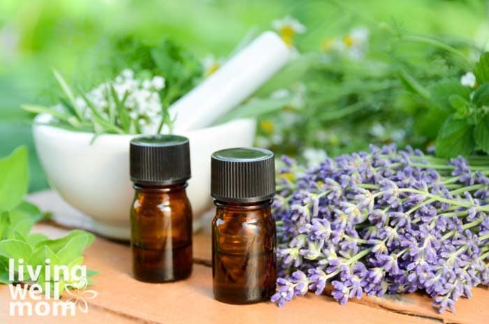 two small essential oil dropper bottles next to lavender blooms