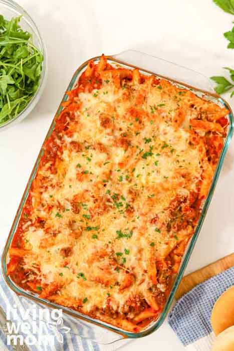 baked penne pasta in a casserole dish