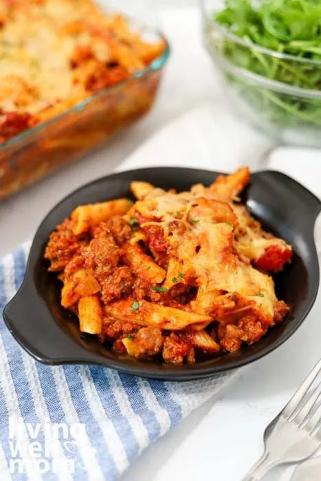 serving of baked penne in a bowl
