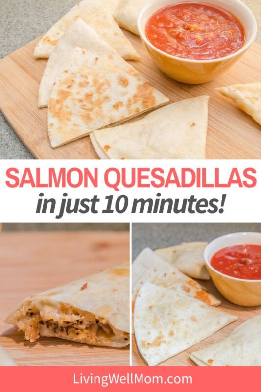 collage of photos showing a sliced salmon quesadilla