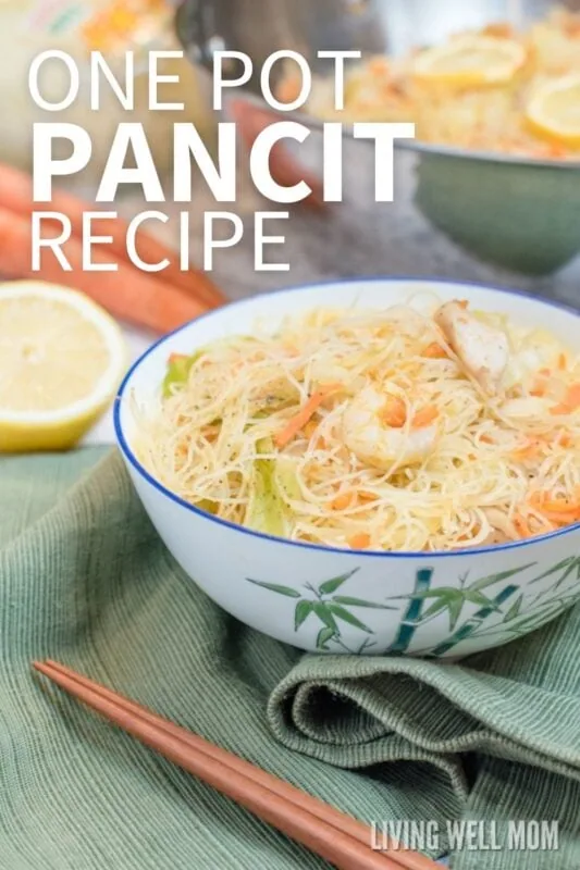 pancit with veggies and shrimp in a bowl.