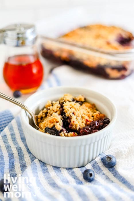 white ramekin serving maple blueberry crumble