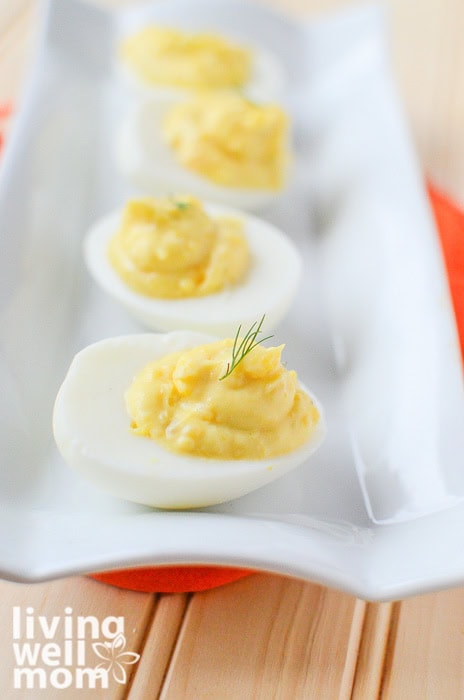 plate of deviled eggs made with miracle whip