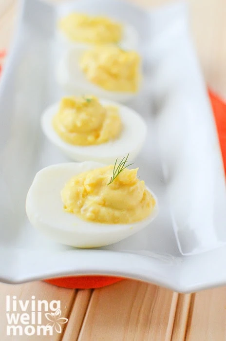 plate of deviled eggs made with miracle whip