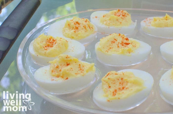 classic deviled eggs on a glass platter