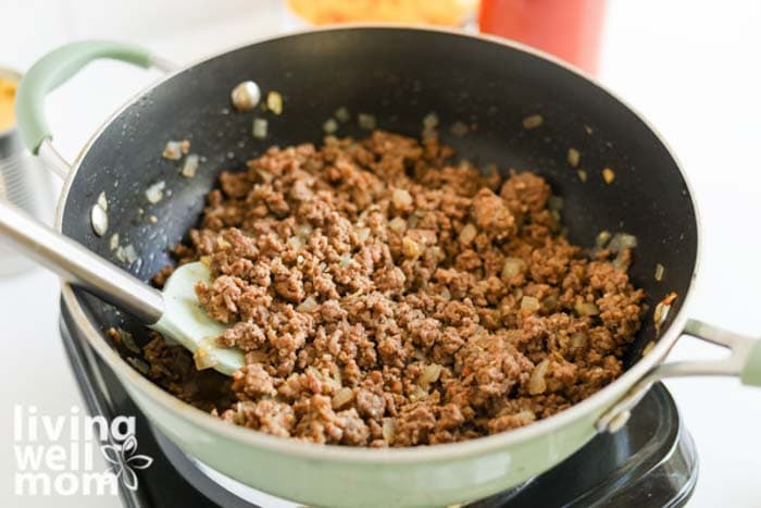 browned meat in a skillet