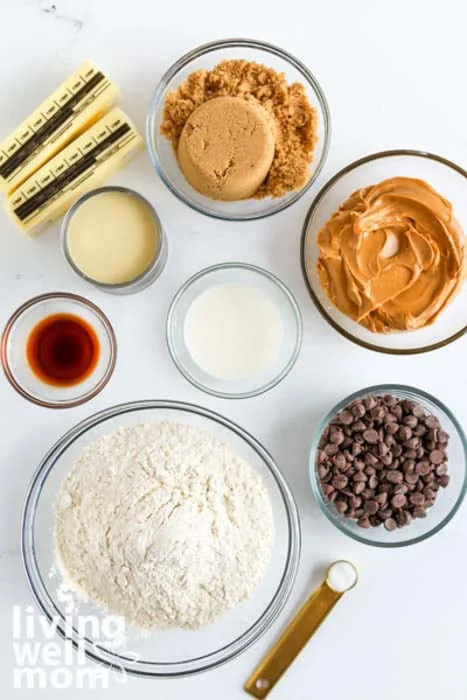 ingredients for cookie bar recipe measured out in small bowls